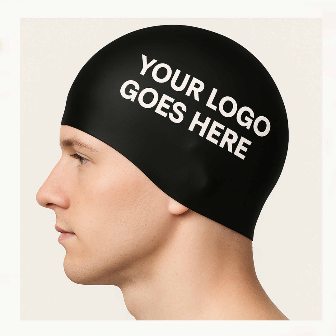 Custom Black Swim Cap with White detail: Send your design