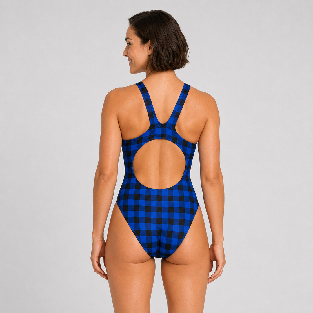 Womens One Piece Training Swimsuit - Blue Plaid