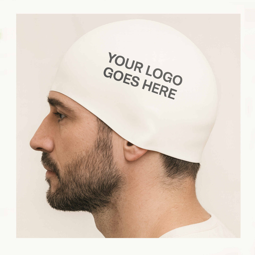 Custom White Swim Cap with black detail: Send your design