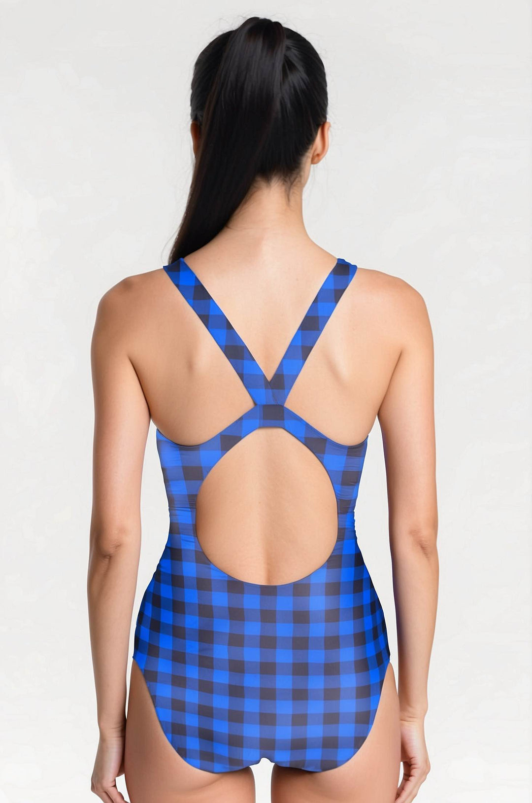 Womens One Piece Training Swimsuit - Blue Plaid