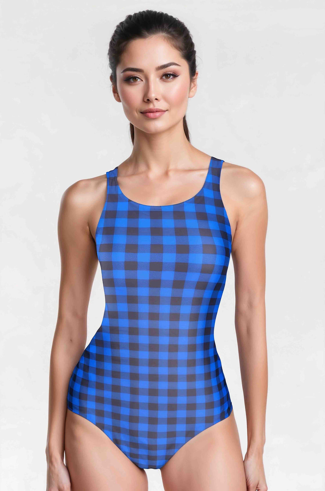 Womens One Piece Training Swimsuit - Blue Plaid