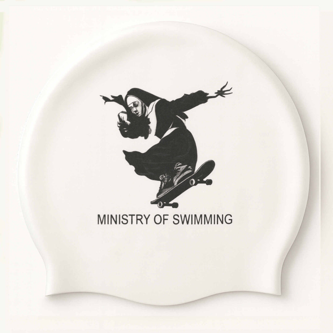 Custom White Swim Cap with black detail: Send your design