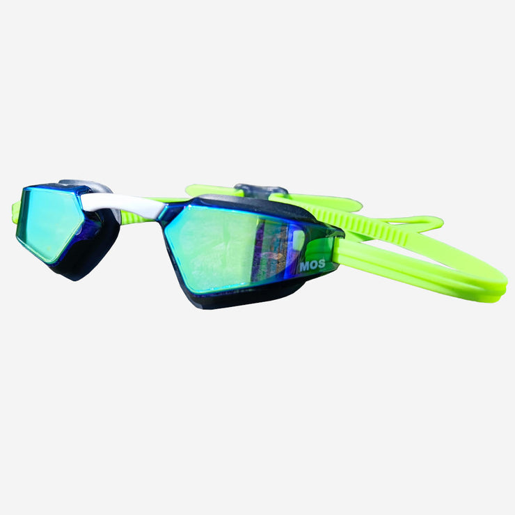 "MX 10 swimming goggle with low profile design, wide peripheral range, removable nose-bridges, sleek rainbow look with soft silicone, and mirror lens."