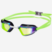 "MX 10 swimming goggle with low profile design, wide peripheral range, removable nose-bridges, sleek rainbow look with soft silicone, and mirror lens."